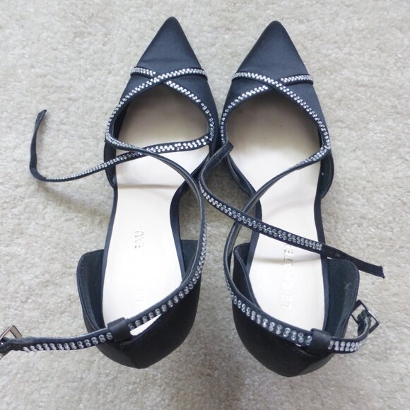 LE CHATEAU black satin pumps with skinny straps and clear rhinestones - Picture 6 of 11